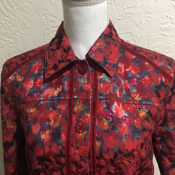 Coldwater creek women’s red floral reversible 2 in 1 button down jacket … - Picture 2 of 6